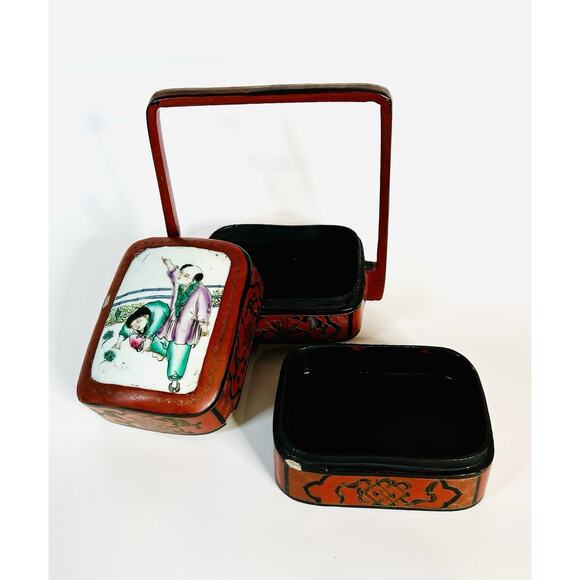 VTG Chinese Red Lacquered Wedding Basket Lunch Box Porcelain Plaque Top READ - Picture 1 of 9